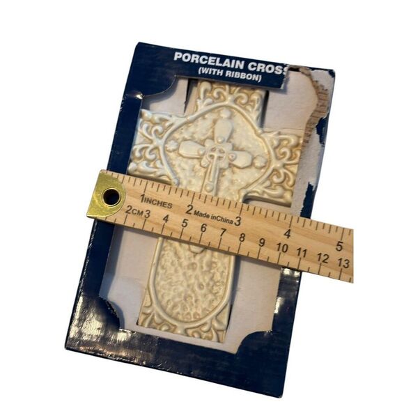 Porcelain Cross With Ribbon 7.5" Religious Wall Decor By DCC Decor Inc - White - Picture 4 of 5